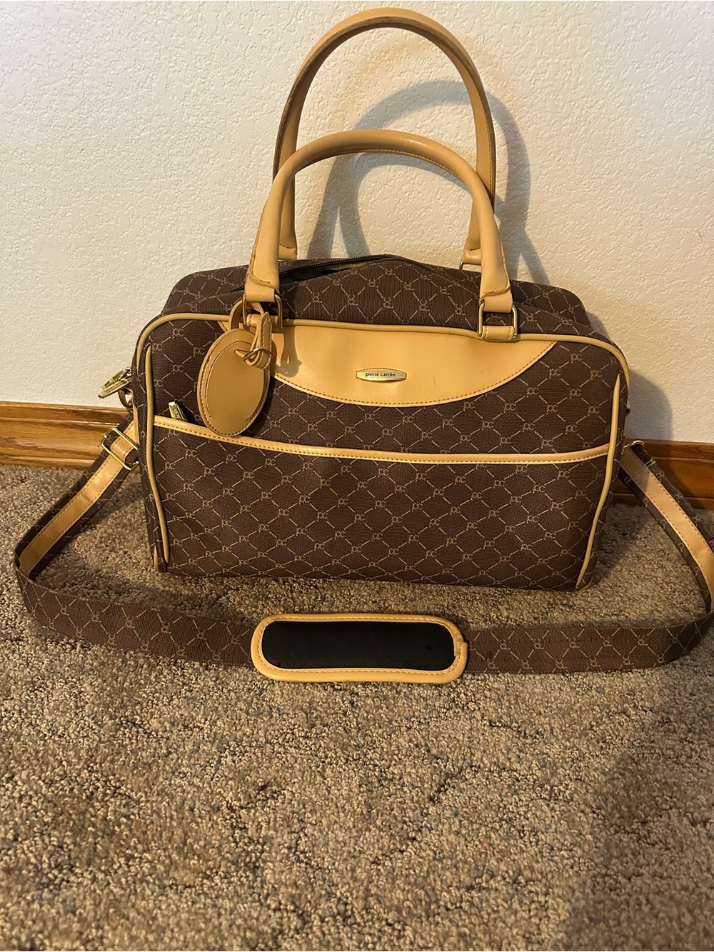 Pierre Cardin Brown & Tan Monogrammed Travel Satchel with Shoulder Strap